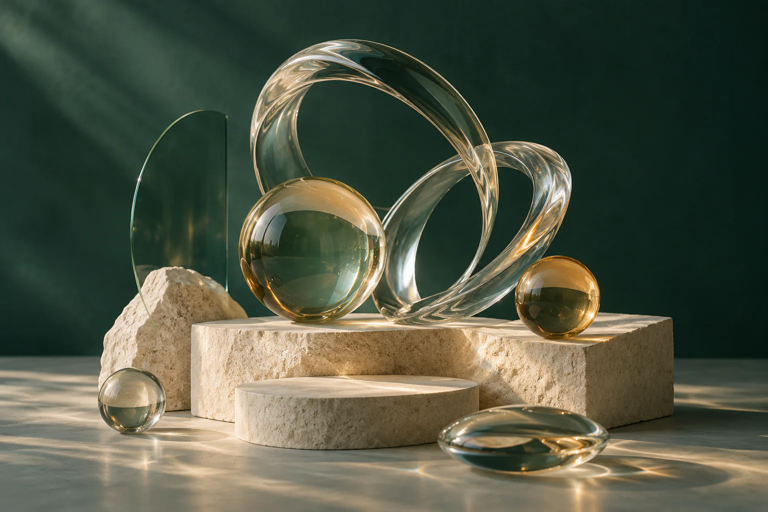 Original conceptual still life of glass forms and warm stone against a deep teal background